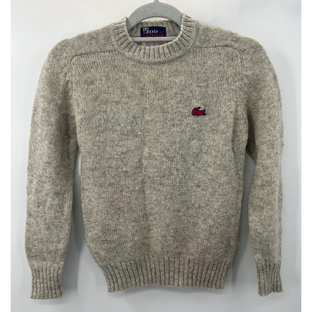 Vintage 80s Izod Lacoste Sweater Boys Sz 14 Gray Virgin Wool Knit Flawed